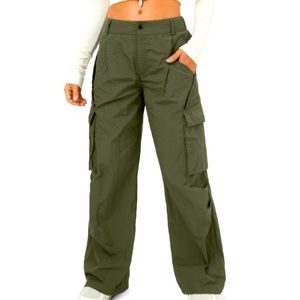 Low Rise Belted Button Zipper Side Pocket Wide Leg Casual Cargo Pants